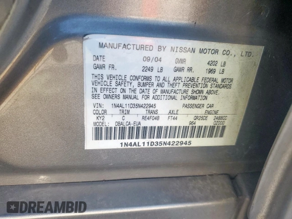 2005 Nissan Altima 2.5 S with VIN 1N4AL11D35N422945, listed as a Copart auction lot 52955005 with 133,194 mi miles and Clean Title. Bid and sale history available at carsss.com. Image 12.