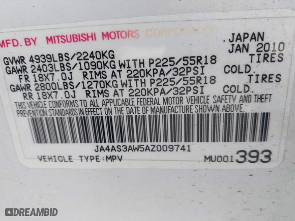 2010 Mitsubishi Outlander SE with VIN JA4AS3AW5AZ009741, listed as a IAAI auction lot 41623843 with 180,184 mi miles. Bid and sale history available at carsss.com. Image 9.