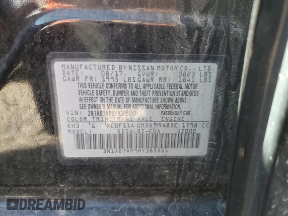 2017 Nissan Sentra S with VIN 3N1AB7AP9HY385551, listed as a Copart auction lot 54212455 with 70,175 mi miles and Salvage title. Bid and sale history available at DreamBid. Image 13.