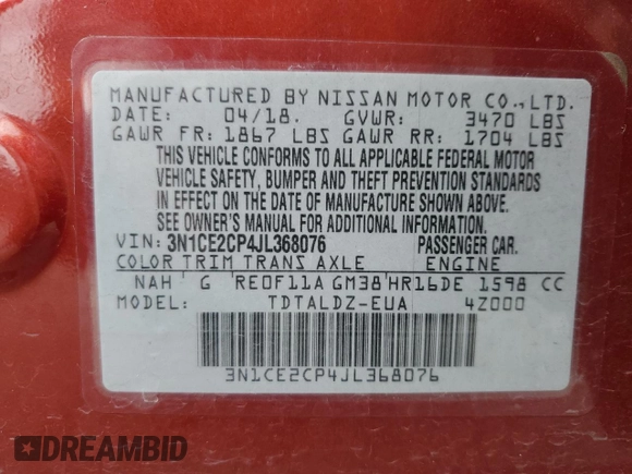 2018 Nissan Note SV with VIN 3N1CE2CP4JL368076, listed as a Copart auction lot 55945635 with 128,678 mi miles and Salvage title. Bid and sale history available at DreamBid. Image 13.