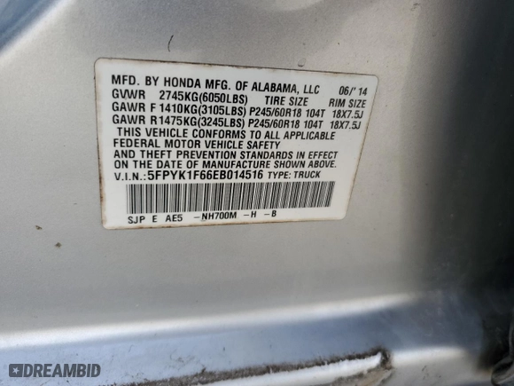2014 Honda Ridgeline SE with VIN 5FPYK1F66EB014516, listed as a Copart auction lot 43289355 with 0 mi miles and Salvage Title. Bid and sale history available at carsss.com. Image 12.