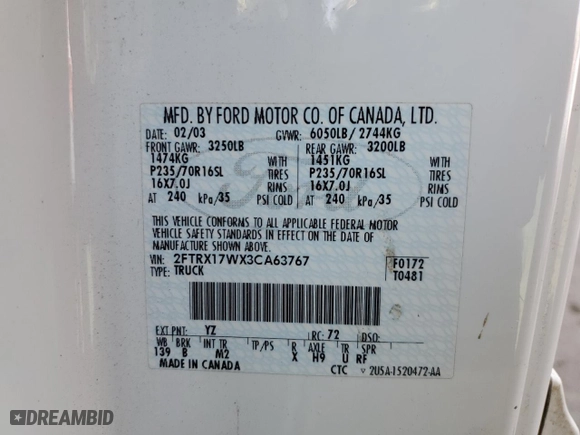 2003 Ford F-150 Work Series with VIN 2FTRX17WX3CA63767, listed as a Copart auction lot 84299684 with 165,719 mi miles and Salvage Title. Bid and sale history available at carsss.com. Image 12.