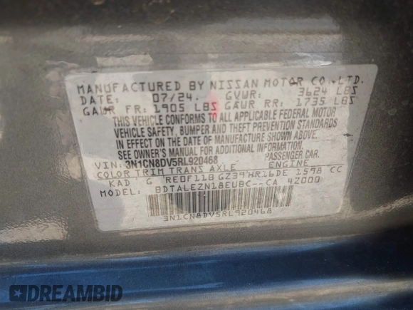 2024 Nissan Versa S z VIN 3N1CN8DV5RL920468, wystawiony jako IAAI lot #42040039 z przebiegiem 22 201 mil mil oraz . Historia ofert i sprzedaży dostępna na DreamBid. Obrazek 9.