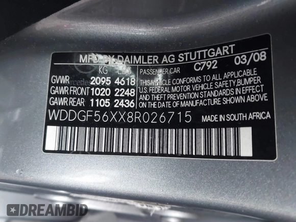2008 Mercedes-Benz C 350 Sport with VIN WDDGF56XX8R026715, listed as a IAAI auction lot 41471358 with 158,680 mi miles and . Bid and sale history available at DreamBid. Image 9.