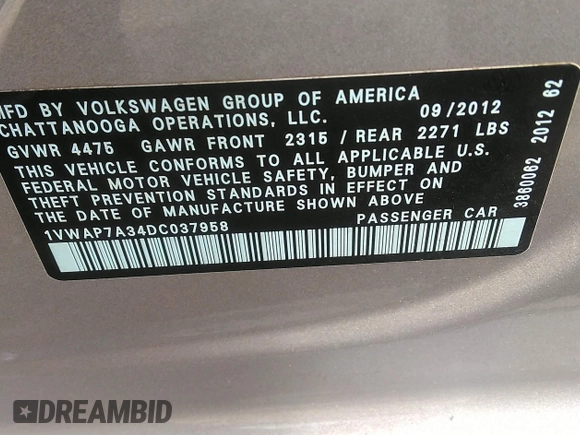 2013 Volkswagen Passat S with VIN 1VWAP7A34DC037958, listed as a IAAI auction lot 42641590 with 226,959 mi miles and . Bid and sale history available at DreamBid. Image 9.