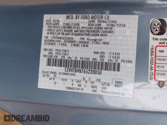 2006 Ford Mustang Standard с VIN 1ZVHT84N765220050, выставлен на аукционе IAAI как лот 42231993 с пробегом 123 880 миль миль и . История ставок и продаж доступна на DreamBid. Изображение 9.