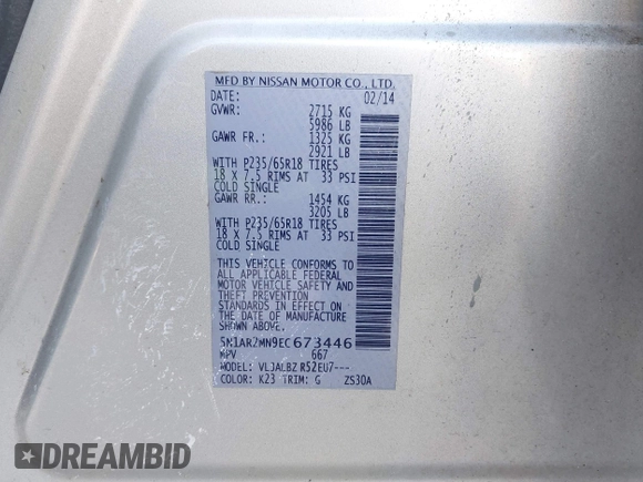 2014 Nissan Pathfinder SL with VIN 5N1AR2MN9EC673446, listed as a IAAI auction lot 39261668 with 125,419 mi miles and . Bid and sale history available at DreamBid. Image 9.