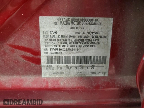 2003 Mazda 6 i with VIN 1YVFP80C235M54444, listed as a Copart auction lot 45313955 with 210,564 mi miles and Salvage Title. Bid and sale history available at DreamBid. Image 12.