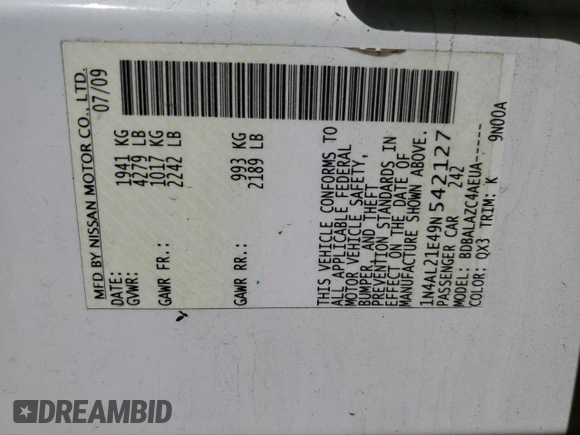 2009 Nissan Altima SL with VIN 1N4AL21E49N542127, listed as a Copart auction lot 53823305 with 134,974 mi miles and Salvage Title. Bid and sale history available at DreamBid. Image 12.