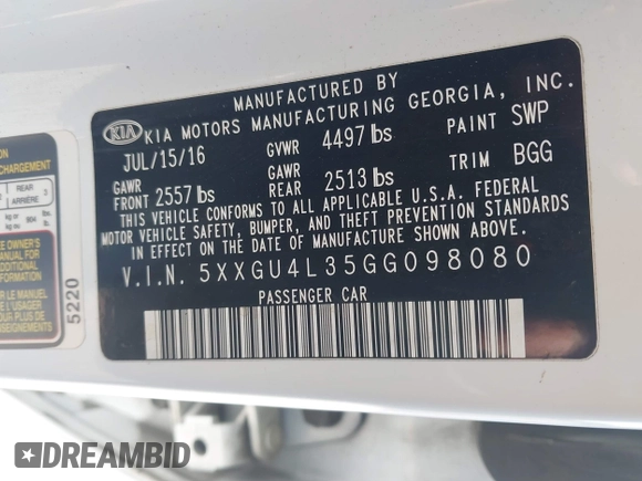 2016 Kia Optima EX with VIN 5XXGU4L35GG098080, listed as a IAAI auction lot 41994612 with 86,646 mi miles and . Bid and sale history available at carsss.com. Image 9.