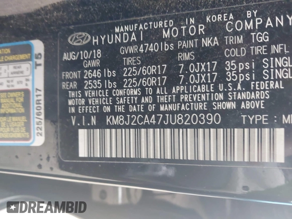 2018 Hyundai Tucson SE z VIN KM8J2CA47JU820390, wystawiony jako IAAI lot #42104349 z przebiegiem 11 725 mil mil oraz . Historia ofert i sprzedaży dostępna na DreamBid. Obrazek 9.
