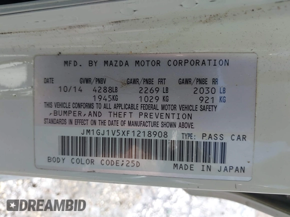 2015 Mazda 6 i Touring with VIN JM1GJ1V5XF1218908, listed as a IAAI auction lot 42449941 with Not provided miles and . Bid and sale history available at DreamBid. Image 9.