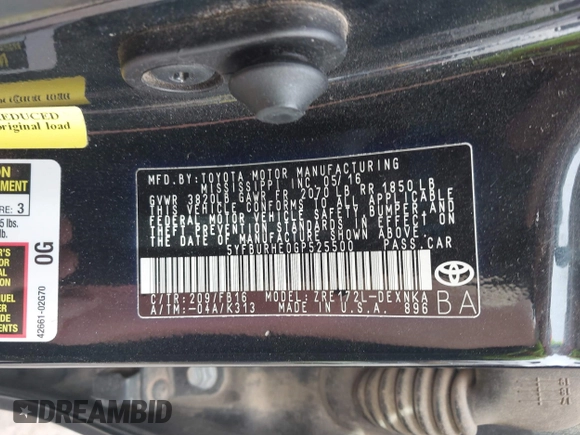 2016 Toyota Corolla L with VIN 5YFBURHE0GP525500, listed as a IAAI auction lot 41737429 with 109,500 mi miles and . Bid and sale history available at DreamBid. Image 9.