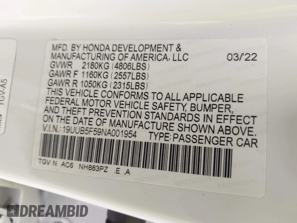 2022 Acura TLX w/A-Spec Package with VIN 19UUB5F59NA001954, listed as a IAAI auction lot 42368946 with 25,685 mi miles and . Bid and sale history available at DreamBid. Image 9.