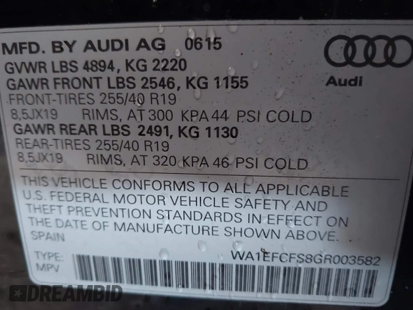 2016 Audi Q3 Premium Plus with VIN WA1EFCFS8GR003582, listed as a IAAI auction lot 41973735 with 105,670 mi miles and . Bid and sale history available at DreamBid. Image 9.