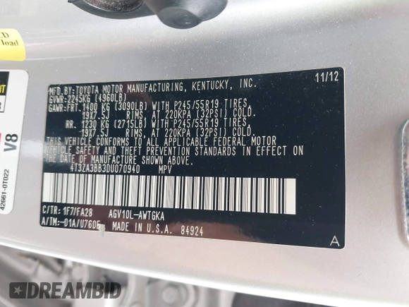 2013 Toyota Venza LE with VIN 4T3ZA3BB3DU070940, listed as a IAAI auction lot 42282736 with 164,320 mi miles and . Bid and sale history available at DreamBid. Image 9.
