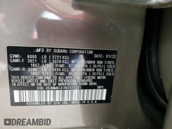 2022 Subaru Ascent Premium with VIN 4S4WMACD3N3421215, listed as a Copart auction lot 58940135 with 54,576 mi miles and Salvage title. Bid and sale history available at DreamBid. Image 12.
