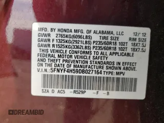 2013 Honda Pilot EX-L with VIN 5FNYF4H59DB027164, listed as a Copart auction lot 63692415 with 199,401 mi miles and Clean title. Bid and sale history available at DreamBid. Image 13.