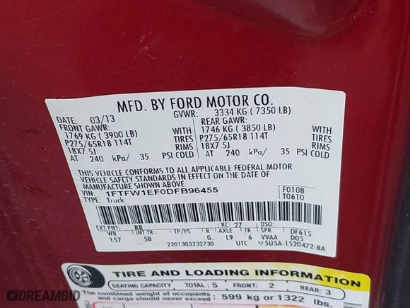 2013 Ford F-150 XL with VIN 1FTFW1EF0DFB96455, listed as a IAAI auction lot 41314857 with 171,352 mi miles. Bid and sale history available at carsss.com. Image 9.