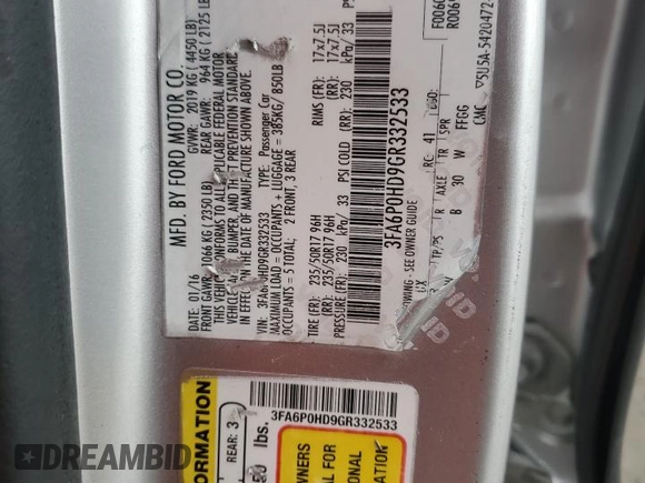 2016 Ford Fusion SE with VIN 3FA6P0HD9GR332533, listed as a Copart auction lot 52680635 with 170,997 mi miles and Salvage Title. Bid and sale history available at carsss.com. Image 12.