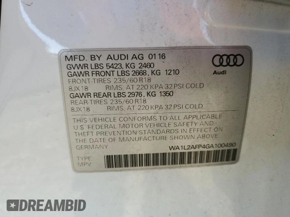 2016 Audi Q5 Premium Plus z VIN WA1L2AFP4GA100490, wystawiony jako Copart lot #55835645 z przebiegiem 116 342 mil mil oraz Szkoda całkowita • Salvage title. Historia ofert i sprzedaży dostępna na DreamBid. Obrazek 13.