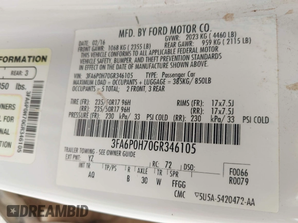 2016 Ford Fusion SE with VIN 3FA6P0H70GR346105, listed as a IAAI auction lot 42609744 with 209,387 mi miles and . Bid and sale history available at DreamBid. Image 9.