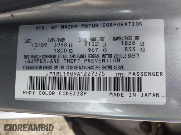 2010 Mazda 3 i Touring with VIN JM1BL1SG9A1227375, listed as a IAAI auction lot 41941871 with 141,866 mi miles and . Bid and sale history available at carsss.com. Image 9.