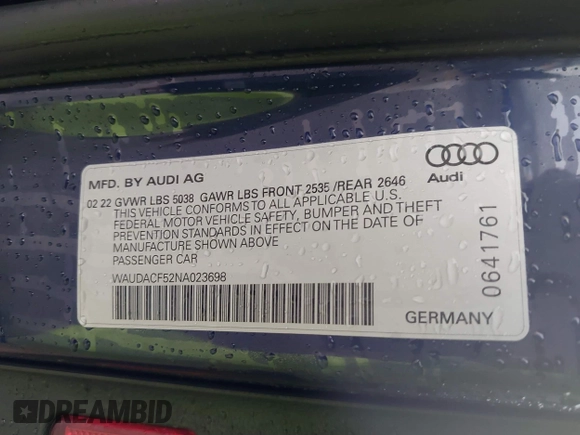 2022 Audi A5 Sportback S line Premium with VIN WAUDACF52NA023698, listed as a IAAI auction lot 41874459 with 45,967 mi miles. Bid and sale history available at carsss.com. Image 9.