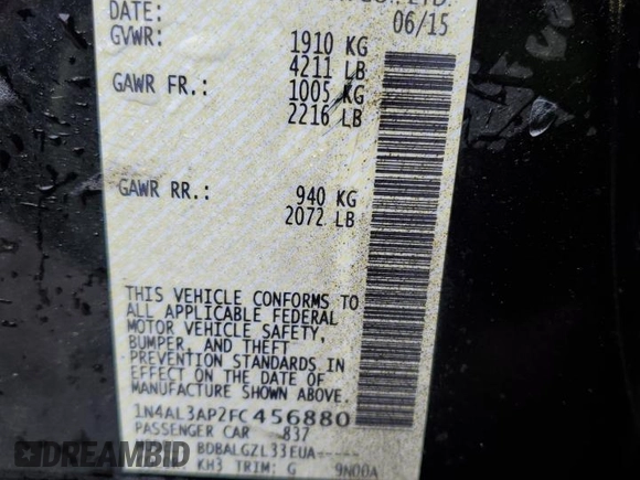 2015 Nissan Altima 2.5 SL with VIN 1N4AL3AP2FC456880, listed as a Copart auction lot 41997045 with 0 mi miles and Salvage Title. Bid and sale history available at carsss.com. Image 12.