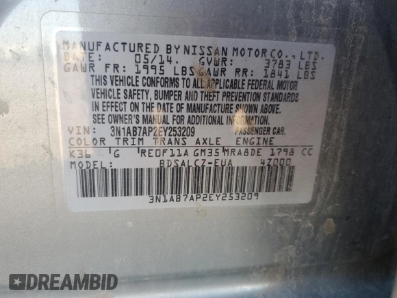 2014 Nissan Sentra SV z VIN 3N1AB7AP2EY253209, wystawiony jako Copart lot #79761494 z przebiegiem Nie podano mil oraz Szkoda całkowita • Salvage title. Historia ofert i sprzedaży dostępna na DreamBid. Obrazek 12.