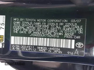 2007 Toyota Prius with VIN JTDKB20UX77629316, listed as a IAAI auction lot 42217496 with 158,006 mi miles and . Bid and sale history available at DreamBid. Image 9.