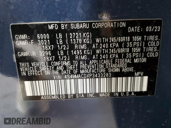 2023 Subaru Ascent Premium with VIN 4S4WMACDXP3433283, listed as a Copart auction lot 79129814 with 11,400 mi miles and Salvage title. Bid and sale history available at DreamBid. Image 15.