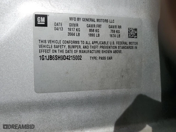2013 Chevrolet Sonic LS with VIN 1G1JB6SH9D4215002, listed as a Copart auction lot 42182225 with 124,253 mi miles and Salvage Title. Bid and sale history available at carsss.com. Image 14.
