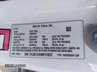 2022 Tesla Model 3 with VIN 5YJ3E1EA4NF319237, listed as a IAAI auction lot 41263761 with 44,384 mi miles and . Bid and sale history available at DreamBid. Image 9.