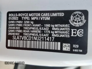 2022 Rolls-Royce Cullinan Black Badge z VIN SLATV8C01NU211417, wystawiony jako Copart lot #83323584 z przebiegiem 24 227 mil mil oraz Nie do naprawy. Historia ofert i sprzedaży dostępna na DreamBid. Obrazek 13.