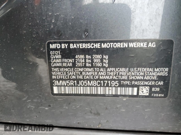 2021 BMW 3 Series 330i z VIN 3MW5R1J05M8C17195, wystawiony jako Copart lot #51162815 z przebiegiem 64 291 mil mil oraz Szkoda całkowita • Salvage title. Historia ofert i sprzedaży dostępna na DreamBid. Obrazek 12.
