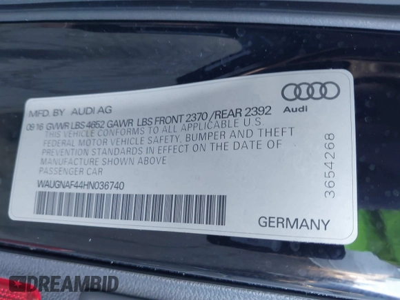 2017 Audi A4 Premium with VIN WAUGNAF44HN036740, listed as a IAAI auction lot 41595456 with 91,813 mi miles. Bid and sale history available at carsss.com. Image 9.