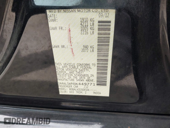 2013 Nissan Altima SV with VIN 1N4AL3AP4DN449771, listed as a IAAI auction lot 42784955 with 195,998 mi miles and . Bid and sale history available at DreamBid. Image 9.