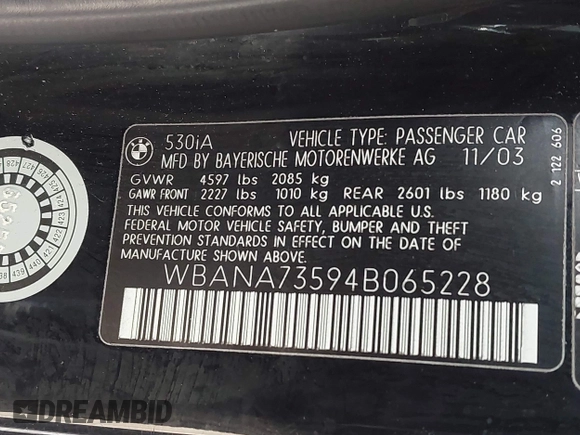 2004 BMW 5 Series 530i with VIN WBANA73594B065228, listed as a IAAI auction lot 41944418 with 238,790 mi miles and . Bid and sale history available at carsss.com. Image 9.