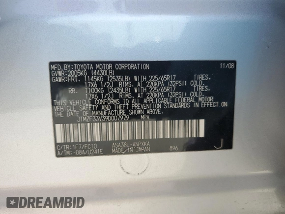 2009 Toyota RAV4 with VIN JTMZF33V39D007979, listed as a Copart auction lot 52054865 with 179,446 mi miles and Salvage Title. Bid and sale history available at DreamBid. Image 15.