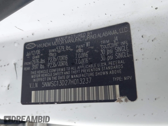 2007 Hyundai Santa Fe GLS z VIN 5NMSG13D27H013237, wystawiony jako IAAI lot #41911664 z przebiegiem 293 862 mil mil oraz . Historia ofert i sprzedaży dostępna na DreamBid. Obrazek 9.
