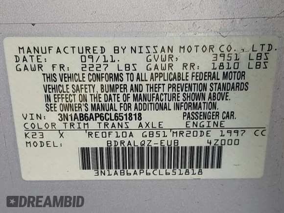 2012 Nissan Sentra SR with VIN 3N1AB6AP6CL651818, listed as a IAAI auction lot 41695624 with 176,586 mi miles and . Bid and sale history available at DreamBid. Image 9.