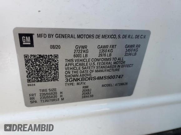 2021 Chevrolet Blazer LT with VIN 3GNKBDRS4MS500747, listed as a Copart auction lot 52536055 with 16,475 mi miles and Salvage title. Bid and sale history available at DreamBid. Image 14.