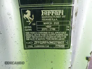 2022 Ferrari Portofino z VIN ZFF02RPA0N0278807, wystawiony jako IAAI lot #41012890 z przebiegiem 5325 mil mil oraz . Historia ofert i sprzedaży dostępna na DreamBid. Obrazek 9.