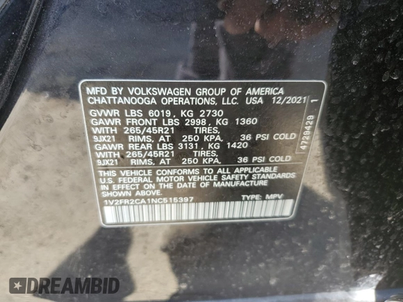 2022 Volkswagen Atlas SEL Premium R-Line with VIN 1V2FR2CA1NC515397, listed as a Copart auction lot 48881985 with 14,071 mi miles and Salvage title. Bid and sale history available at DreamBid. Image 12.