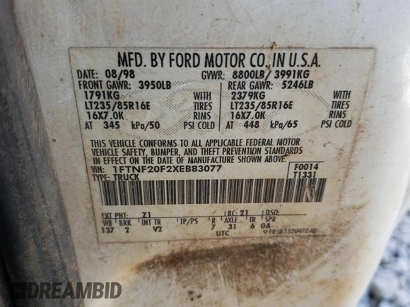 1999 Ford Super Duty F-250 XL with VIN 1FTNF20F2XEB83077, listed as a Copart auction lot 78258614 with 336,973 mi miles and Salvage Title. Bid and sale history available at carsss.com. Image 12.