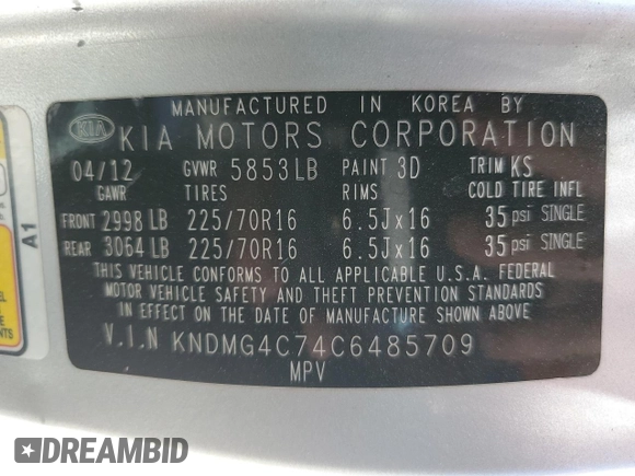 2012 Kia Sedona LX with VIN KNDMG4C74C6485709, listed as a Copart auction lot 67355154 with 196,052 mi miles and Salvage Title. Bid and sale history available at carsss.com. Image 14.