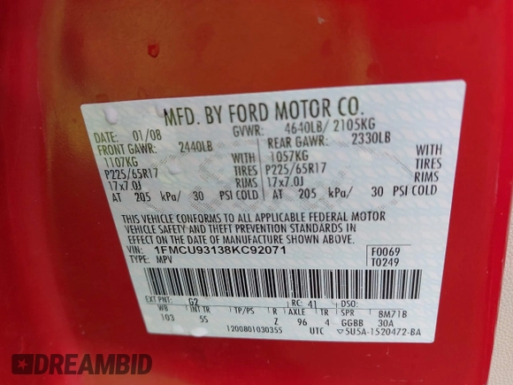 2008 Ford Escape XLT with VIN 1FMCU93138KC92071, listed as a IAAI auction lot 42489019 with 161,675 mi miles and . Bid and sale history available at DreamBid. Image 9.