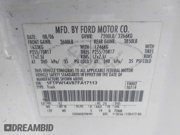 2007 Ford F-150 XLT with VIN 1FTPW14V87FA17113, listed as a IAAI auction lot 41862140 with 396,701 mi miles. Bid and sale history available at carsss.com. Image 9.