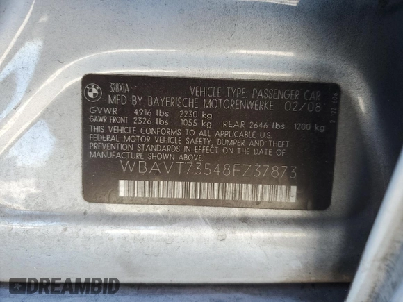 2008 BMW 3 Series 328xi z VIN WBAVT73548FZ37873, wystawiony jako Copart lot #41605795 z przebiegiem 43 445 mil mil oraz Szkoda całkowita • Salvage title. Historia ofert i sprzedaży dostępna na DreamBid. Obrazek 12.